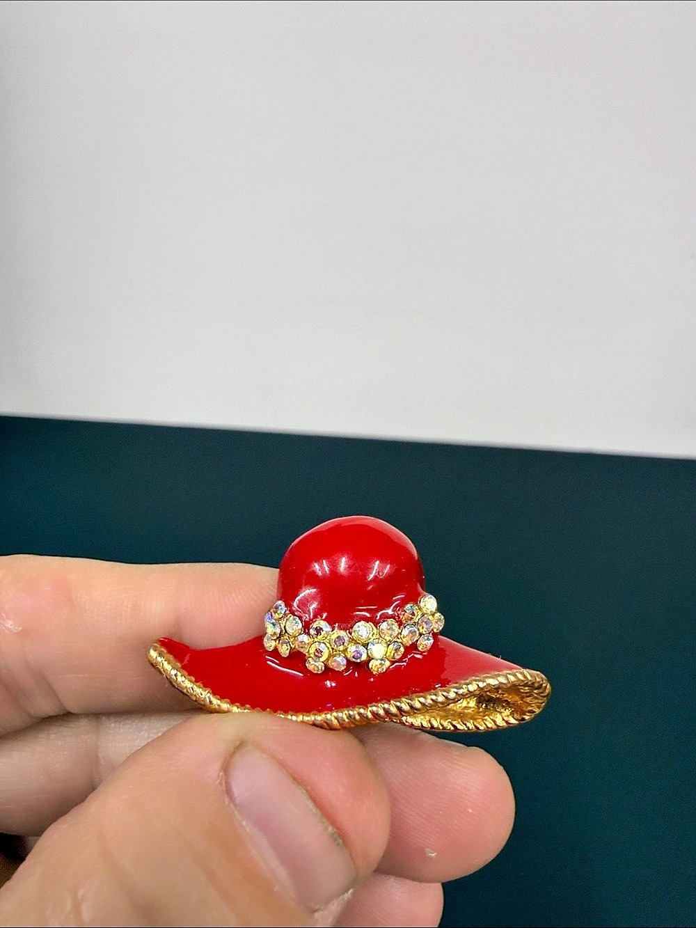 Vintage Red Enamel Ladies Hat Brooch AB Rhinestone Gold Tone Pin